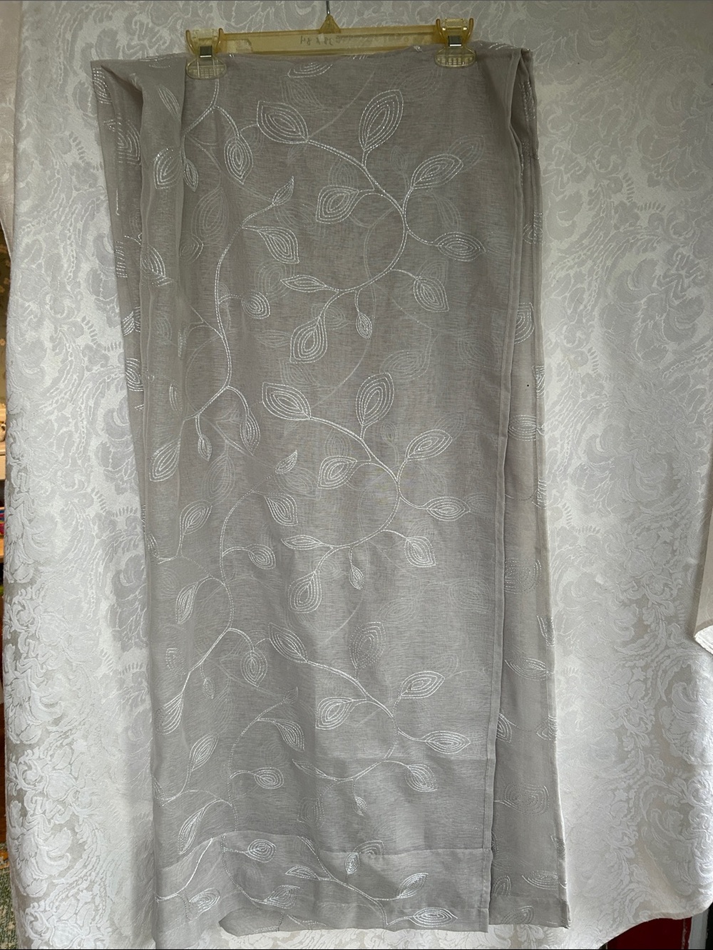 Light Gray Sheer curtains with White & Silver stitch Leaf Embroidery